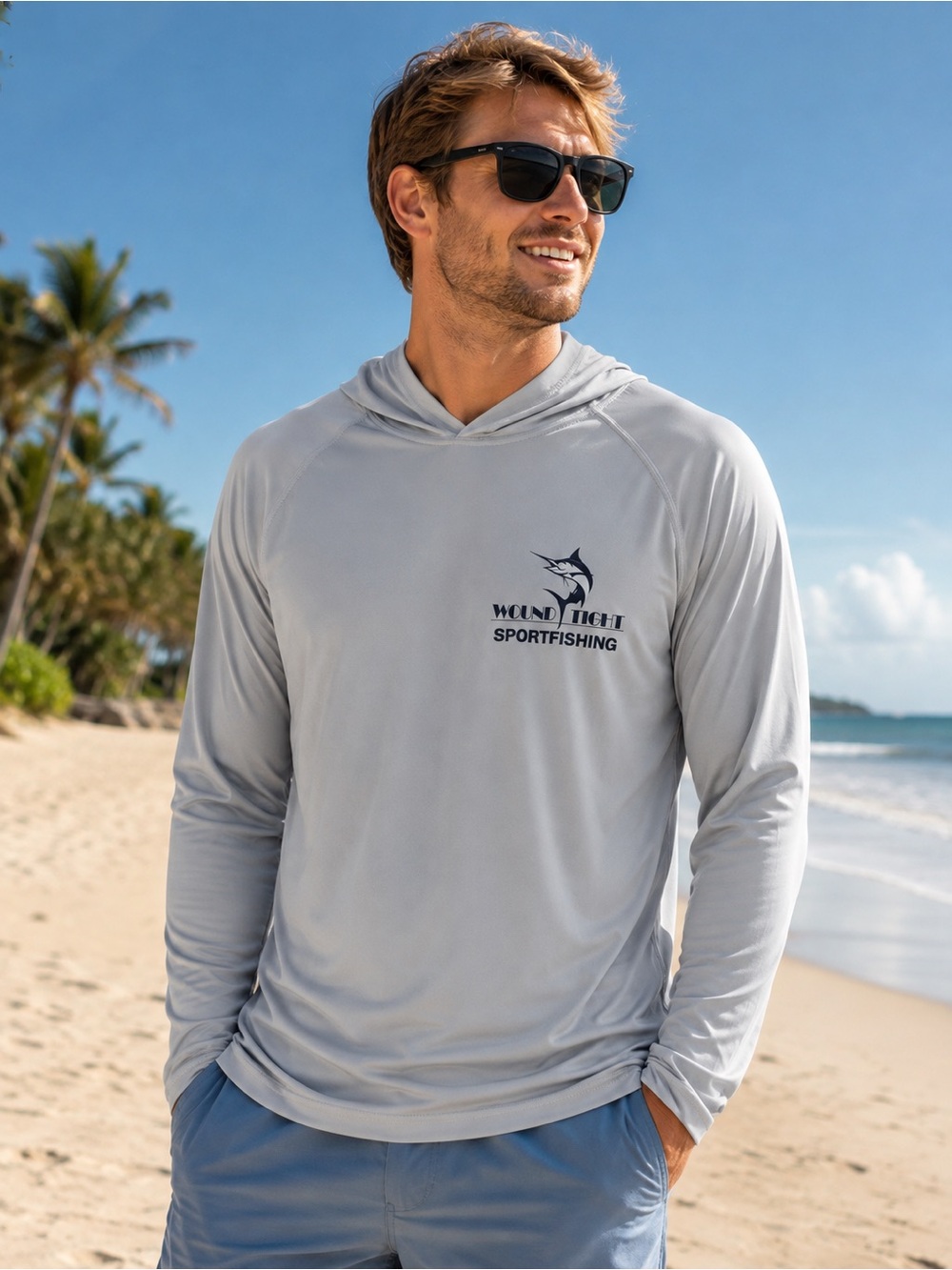 Sportfishing Men's Long-Sleeve Hooded Sun Shirt - Light Gray